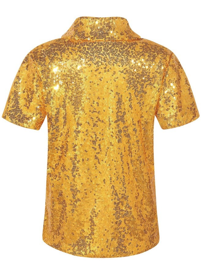 Spring&Gege Boy's Short Sleeve Turndown Sparkle Sequins Polo Shirt 70s Disco T-Shirt, Gold, Size 7-8 Years - Image 2